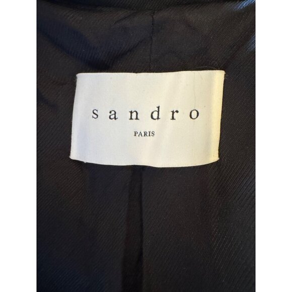 Sandro Coat Women Medium Black Wool Blend Double Breasted Trench Overcoat Luxury - Picture 9 of 13